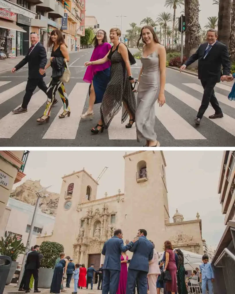 Invitados cruzando paso de cebra llegando a la Basílica de Santa María Alicante