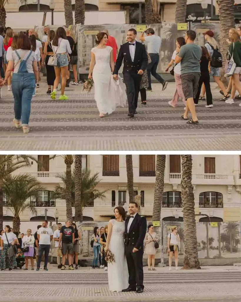 Novios en la Esplanada de España frente a la Casa Carbonell Alicante boda
