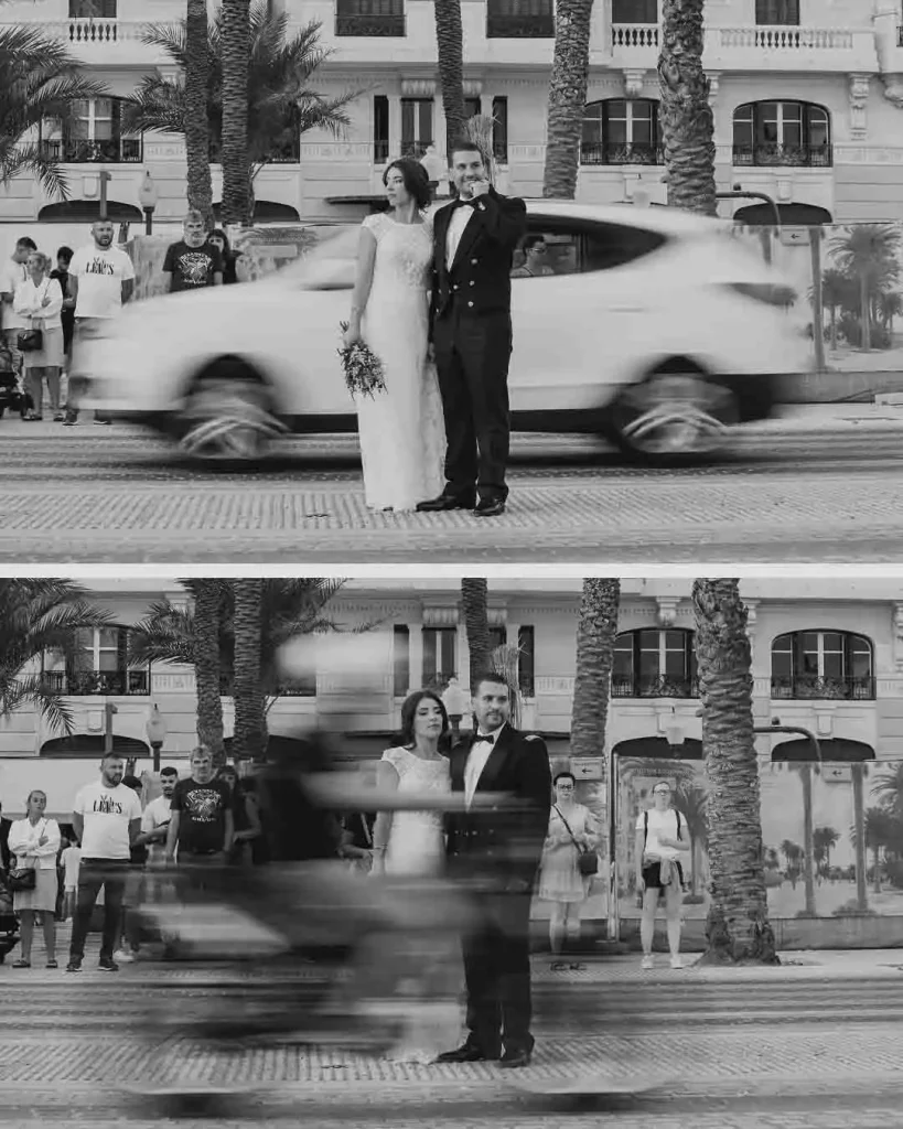 Novios en la Esplanada de España frente a la Casa Carbonell Alicante boda